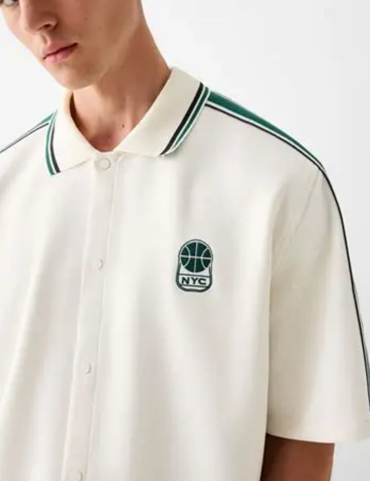 BERSHKA rövid ujjú ing, krémszínű