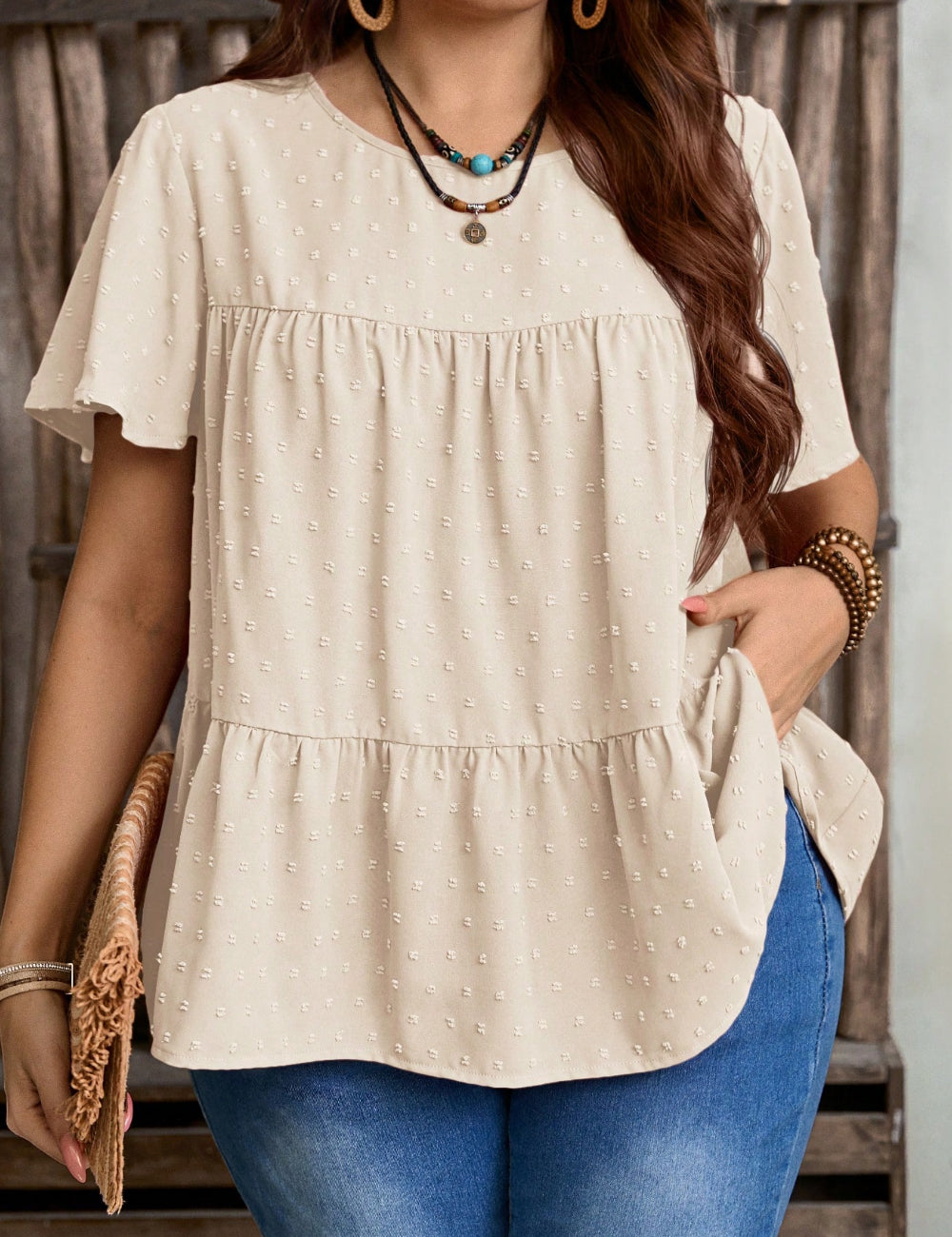 Shein Curve+ rövid ujjú ing, bézs