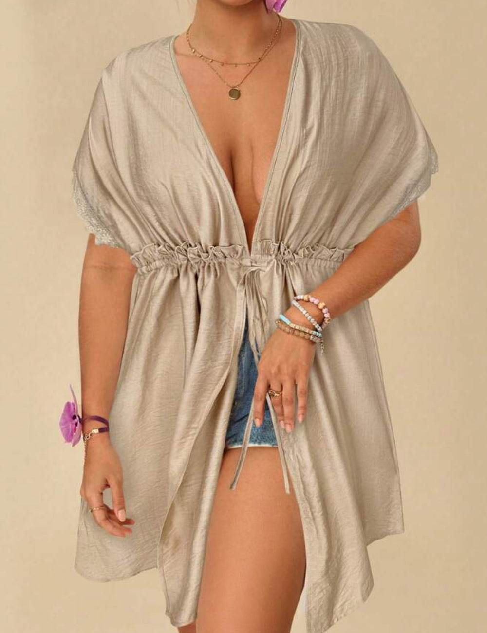 Shein Curve+ bézs strand kardigán