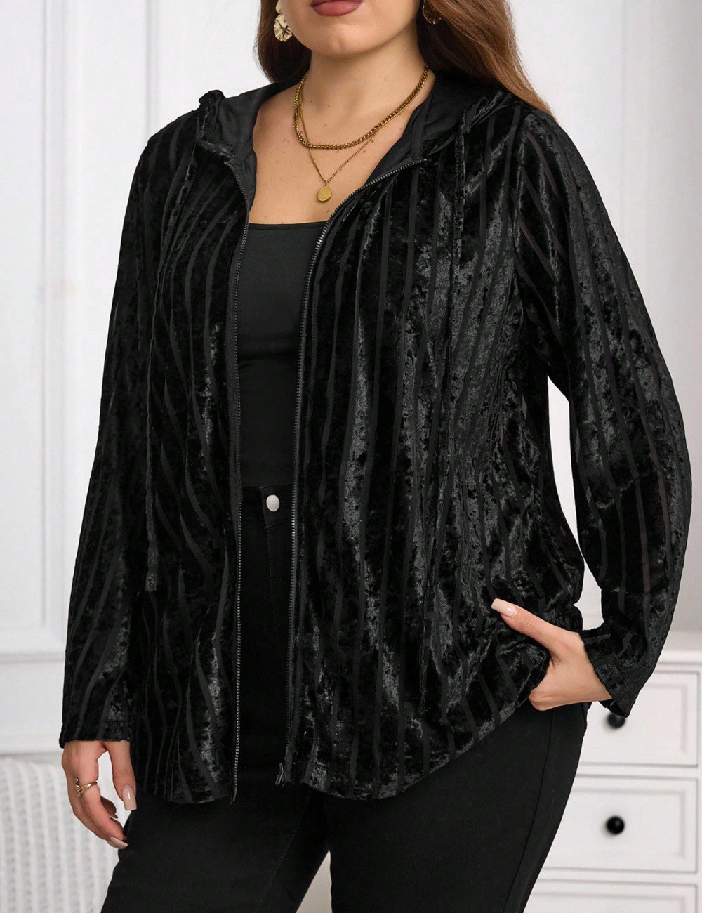 Shein Curve+ cipzáros pulóver, fekete