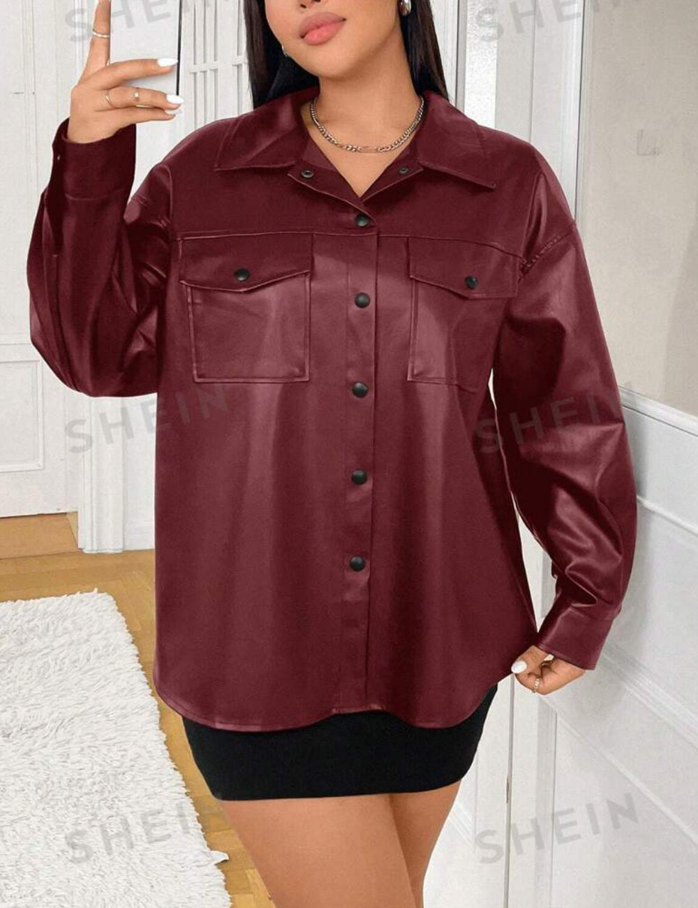 Shein Curve+ bordó műbőr dzseki
