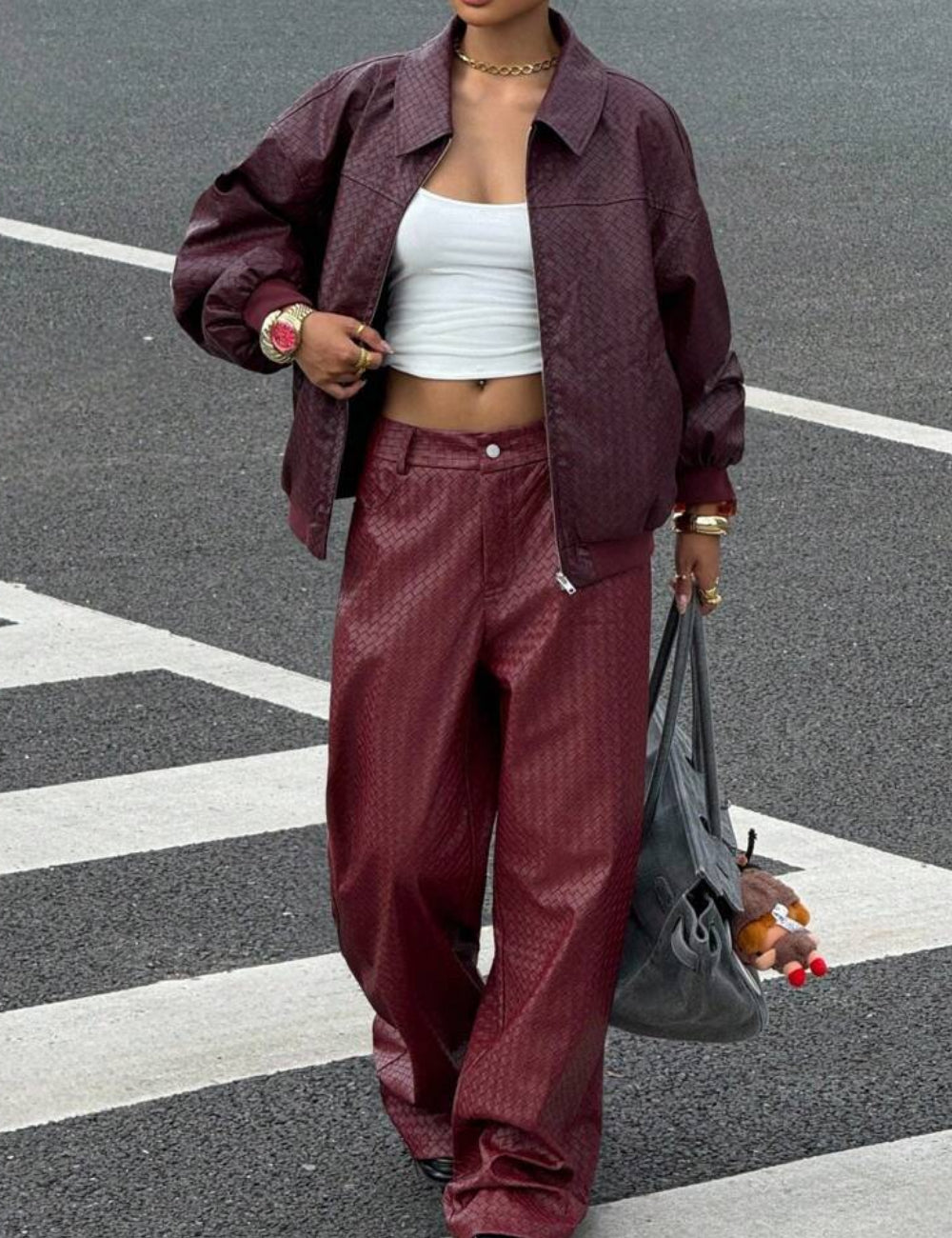Pantaloni imitație din piele Shein, vișiniu