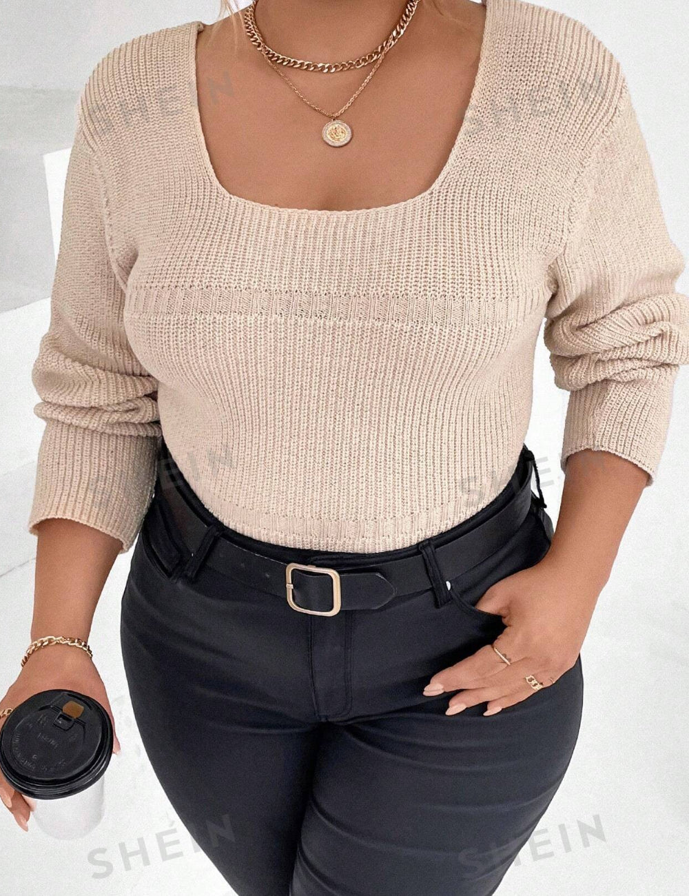Shein Curve+ pulóver, krém
