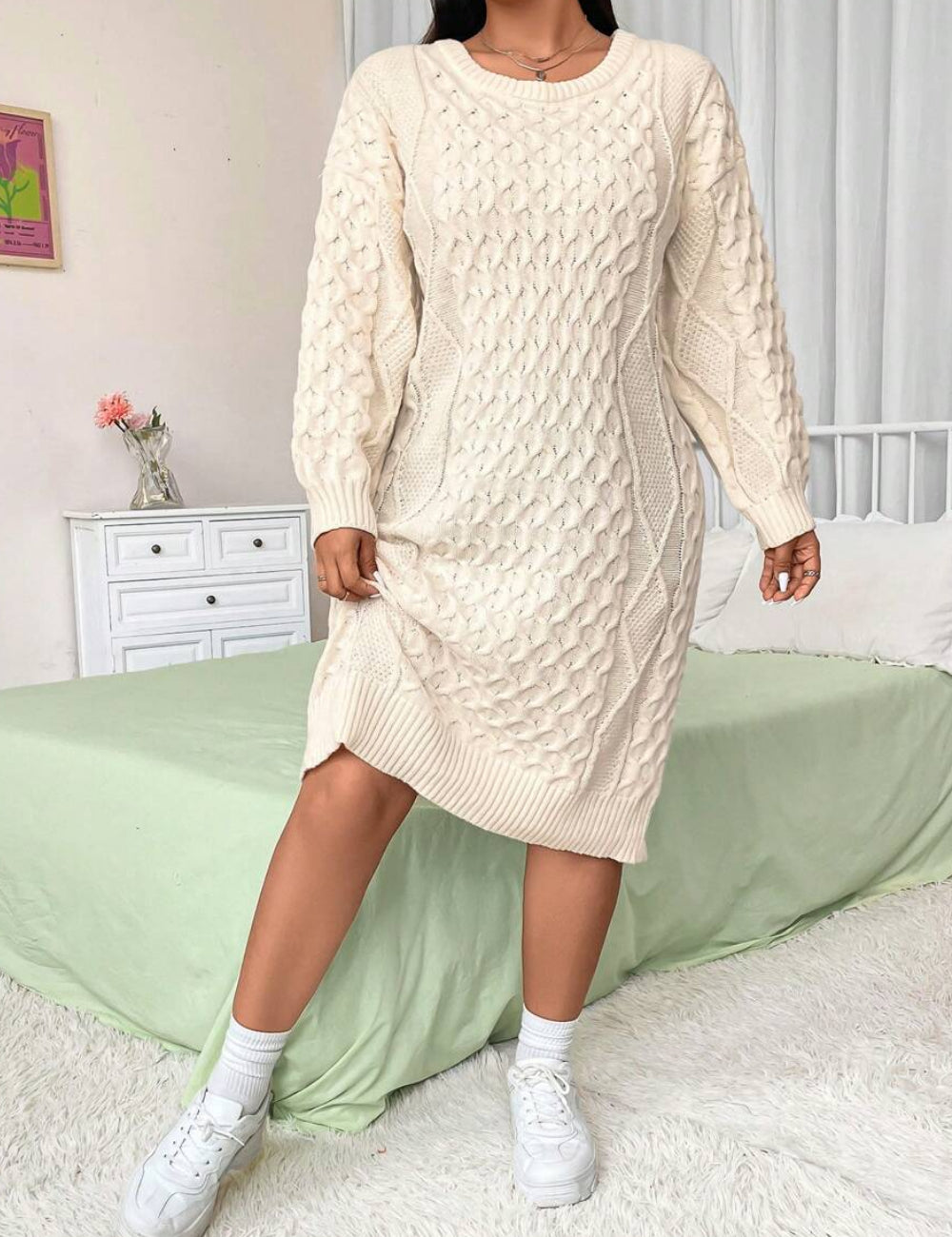 Shein Curve+ krémszínű midi ruha