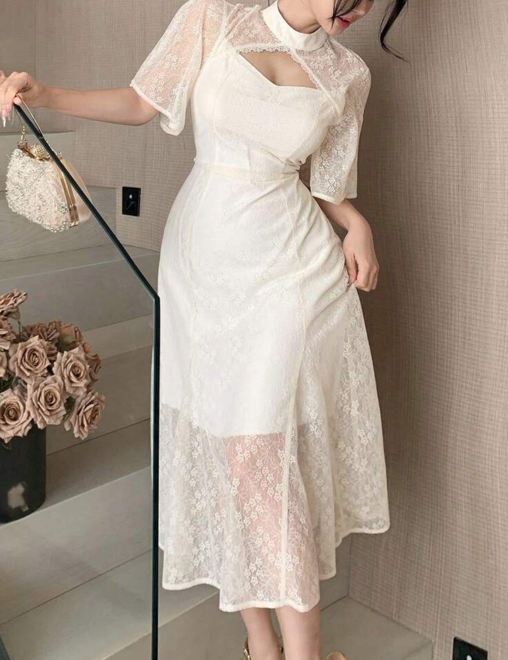 Shein DAZY bézs midi ruha