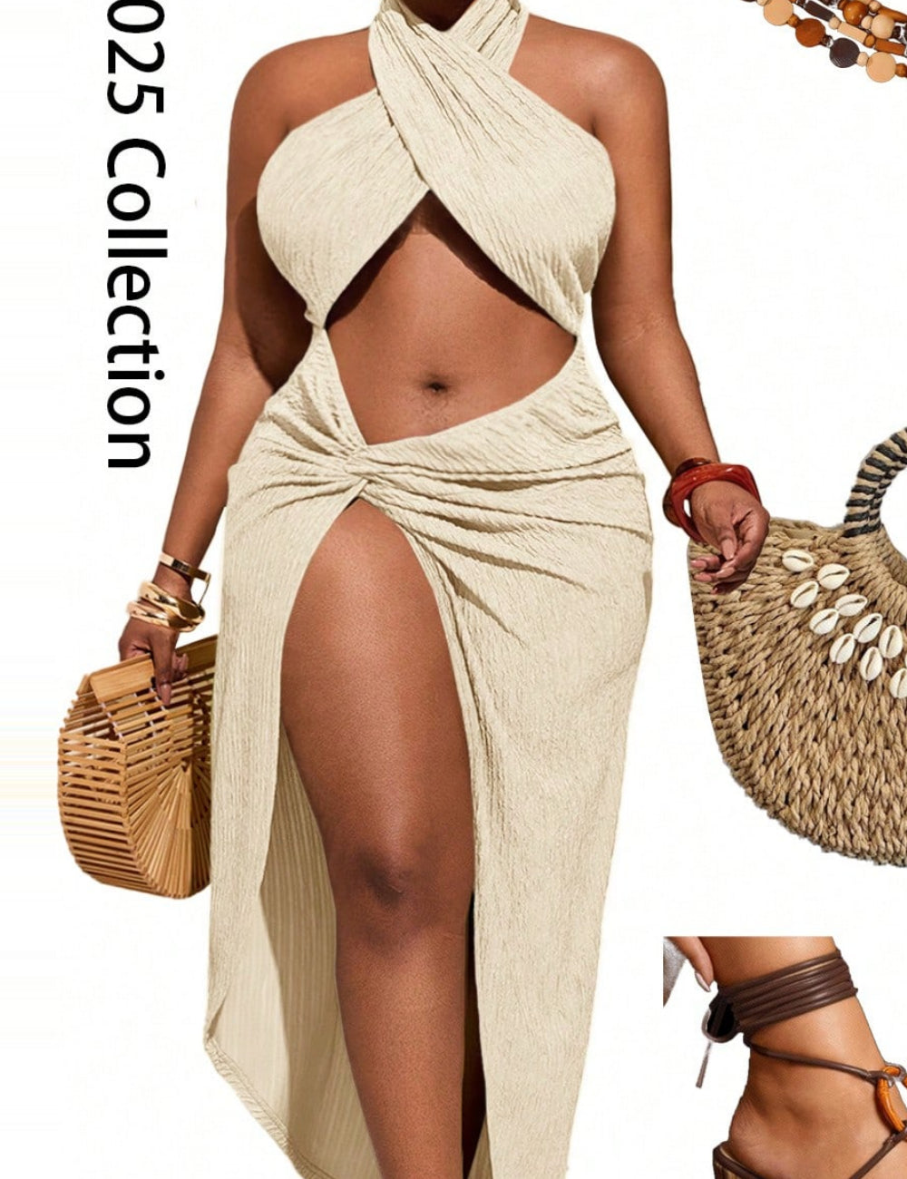Shein Curve+ midi ruha, krém
