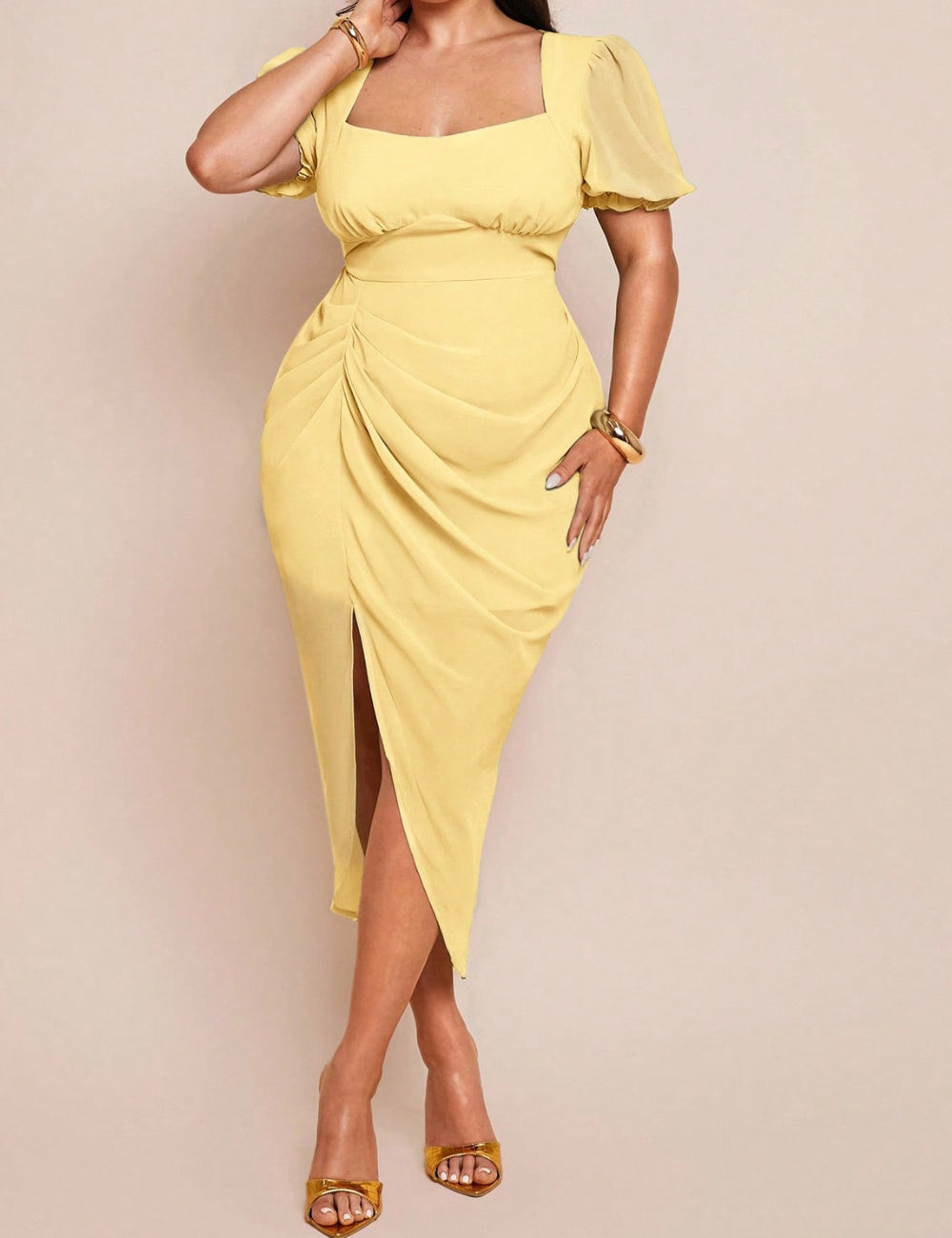 Shein Curve+ midi ruha, sárga
