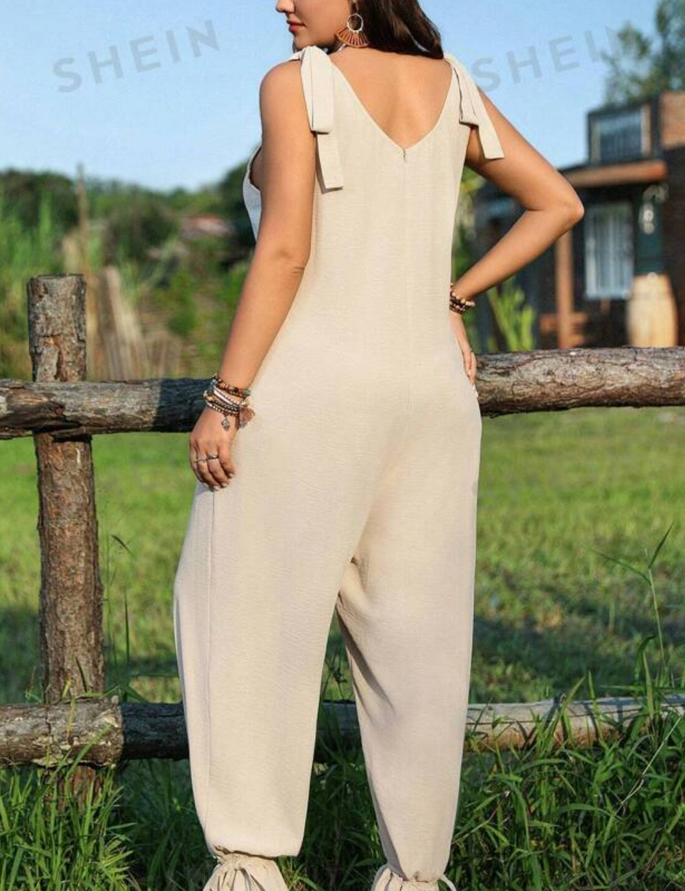 Shein Curve+ hosszú jumpsuit, bézs