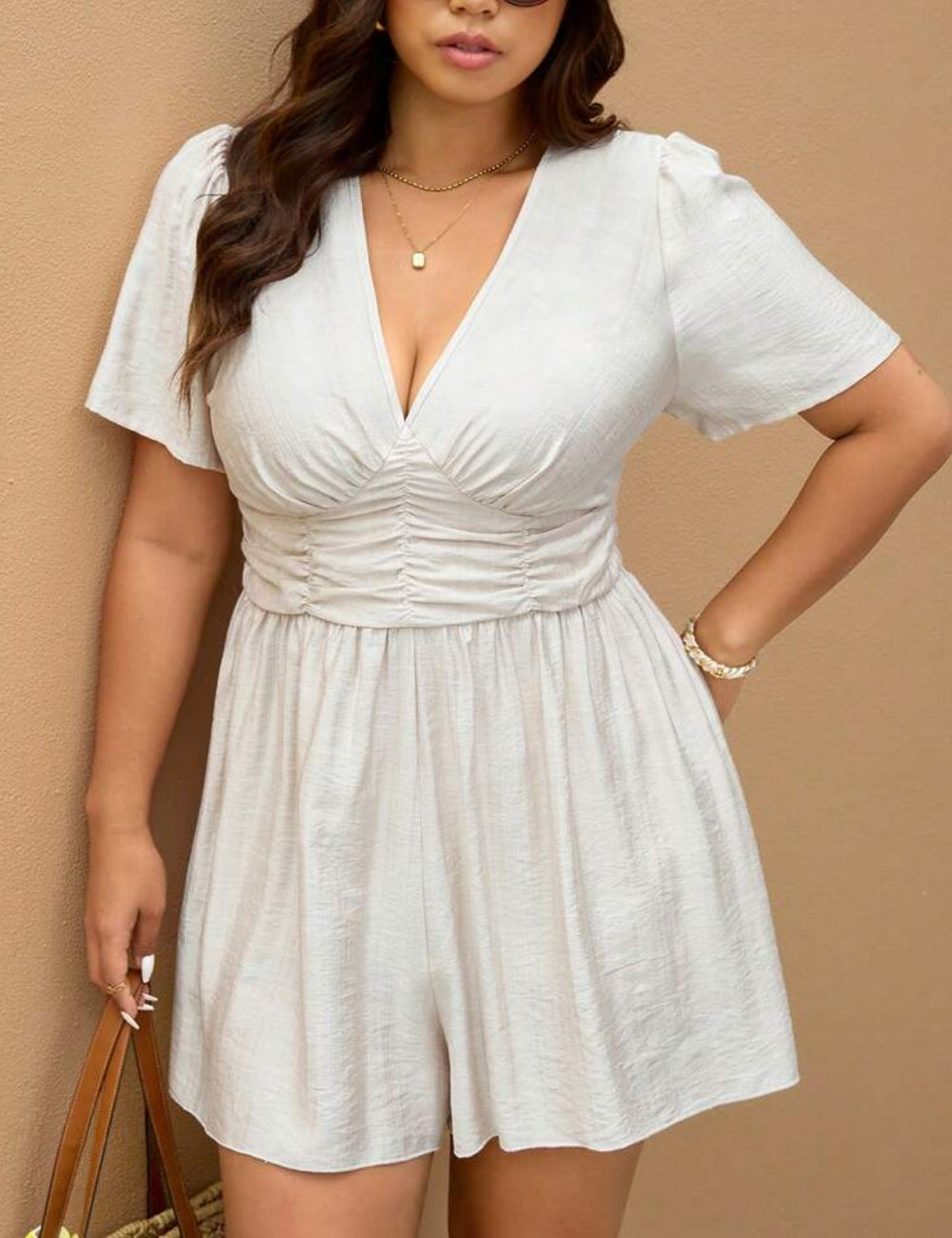 Shein Curve+ rövid jumpsuit, bézs
