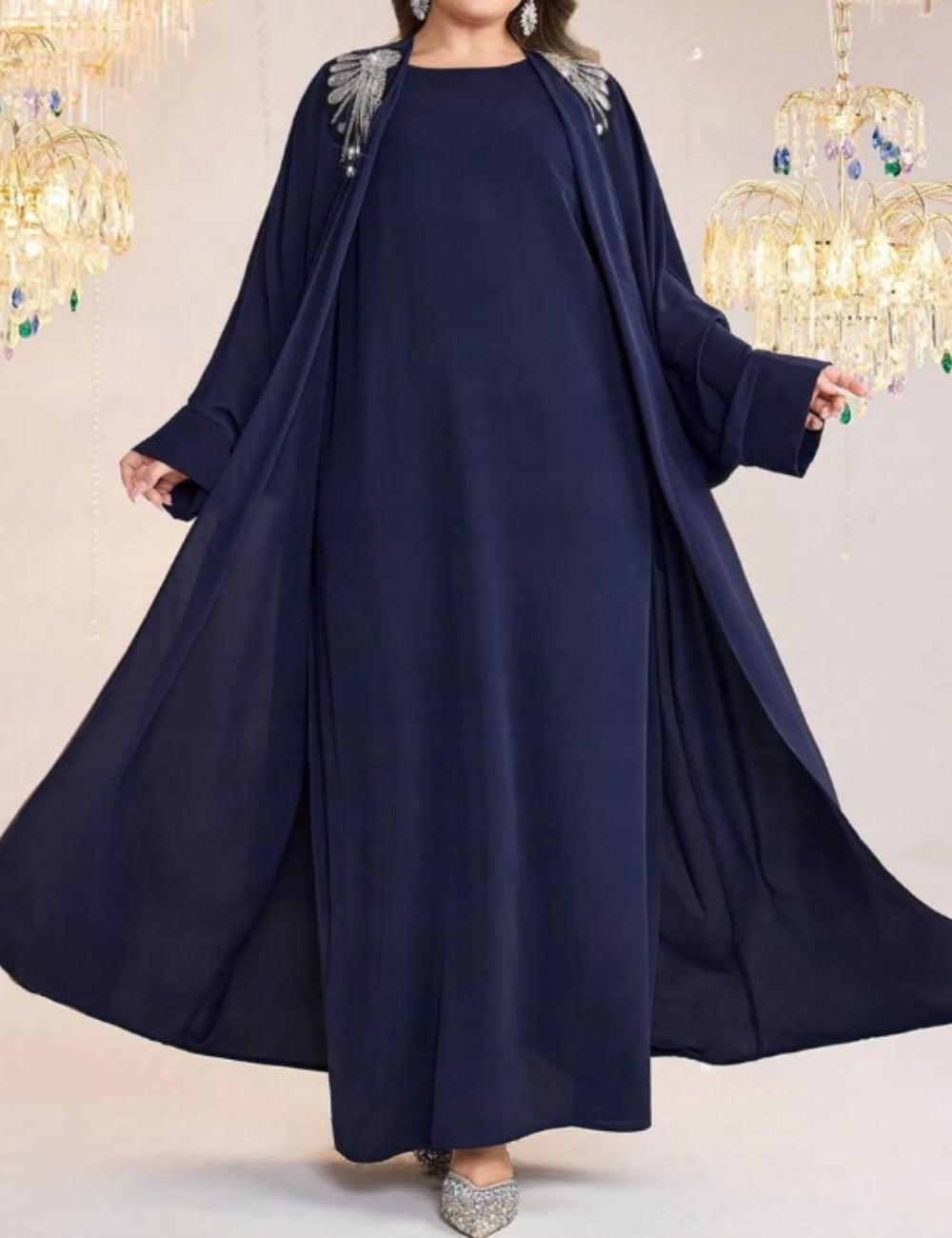 Shein Curve+ ruha és kardigán szett, tengerészkék
